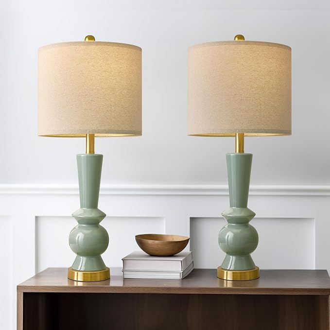 PORTRES 27" Modern Ceramic Table Lamp Set of 2 for Living Room Green & Gold Bedside Lamps for Bedroom Nightstand Lamp Tall End Table Lamps - Bloomnest