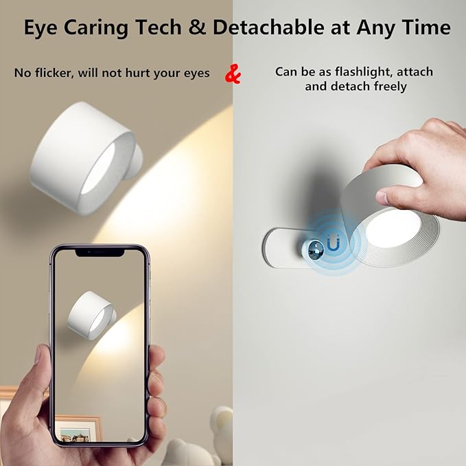 Battery Operated Wall Light, LED Lamp with 360°Adjustable Lighting Indoor Light 3 Color Modes Brightness Levels Touch Control, Mounted for Bedroom Reading Bedside-1Pack White - Bloomnest