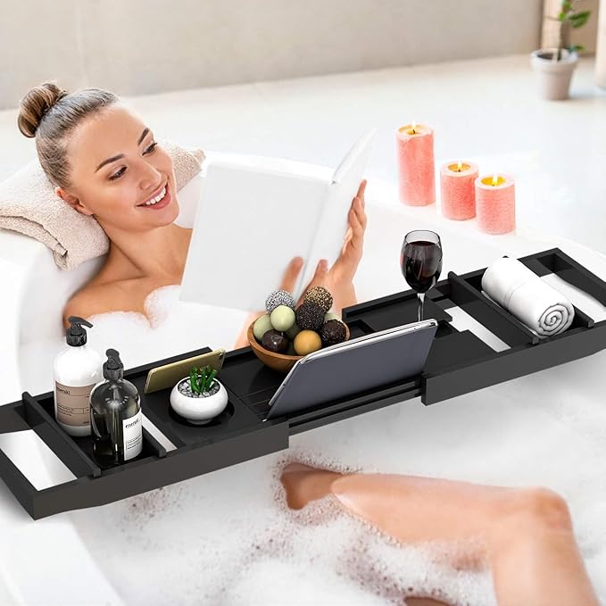 Domax Bathtub Caddy Tray Expandable Bamboo Tub Tray for Luxury Bath with Book Holder and Free Soap Dish Black - Bloomnest