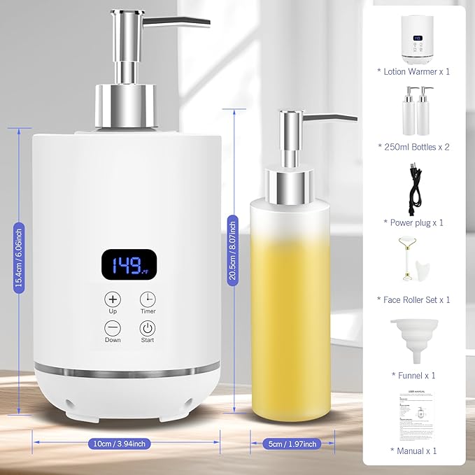 Yofuly Massage Oil Warmer Heater, Ambient Light Body Lotion Heated Machine with Two Dispenser Bottles, Professional Massage Therapy Kit with Gua Sha and Facial Roller, White - Bloomnest
