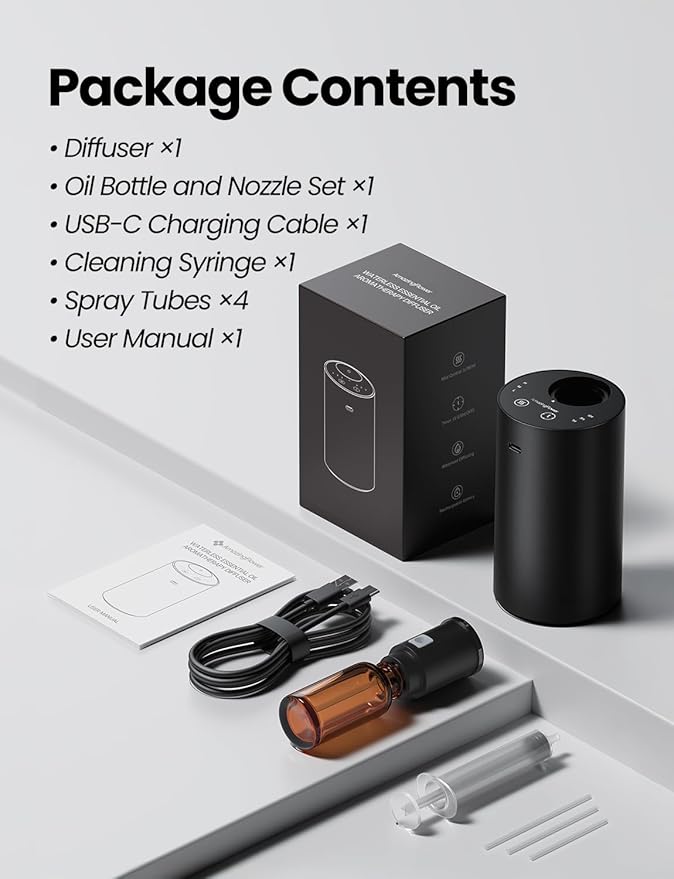 Waterless Essential Oil Diffuser, Rechargeable Scent Diffusers with 3 Mist Levels & Timers, Portable Aromatherapy Diffuser for Home Car Room Studio Office, Black Metal - Bloomnest