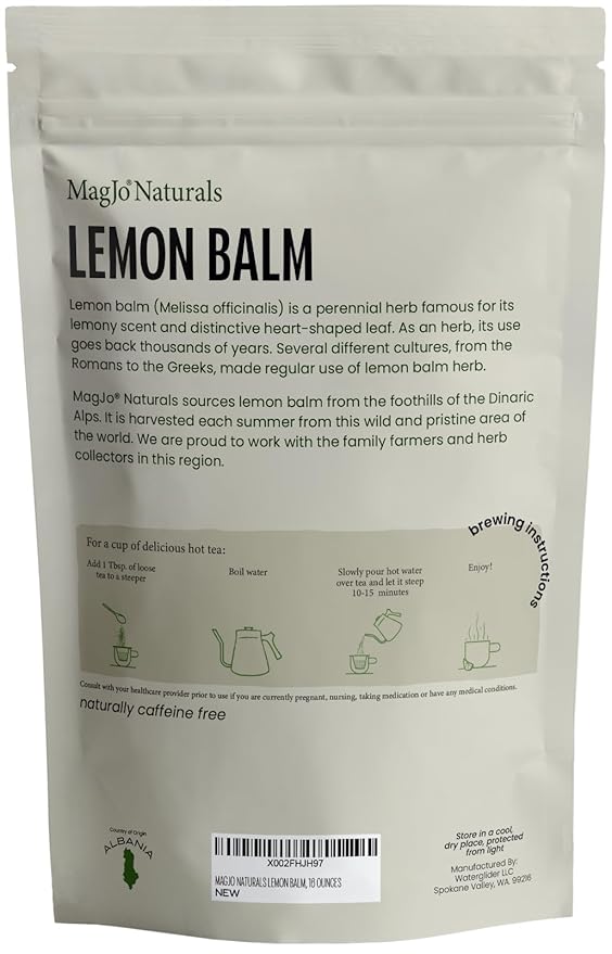 MagJo Naturals Lemon Balm Tea, Bulk Herbal Tea, Loose Leaf Melissa Officinalis, Caffeine Free, Cut and Sifted, 1 pound (16 ounces) (1 pack) - Bloomnest