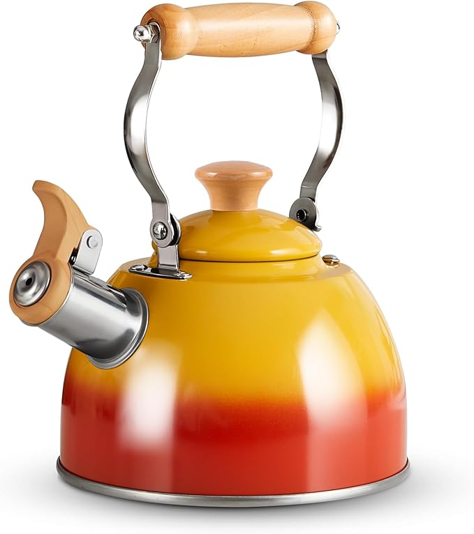 ROCKURWOK Tea Kettle, Tea Pot with Cool Touch Ergonomic Handle, Teapot Food Grade Stainless Steel, Tea Kettle Stovetop, Kettle Teapot, Whistling Tea Kettle, Small Tea Pot, 1.6 Quart (Orange) - Bloomnest