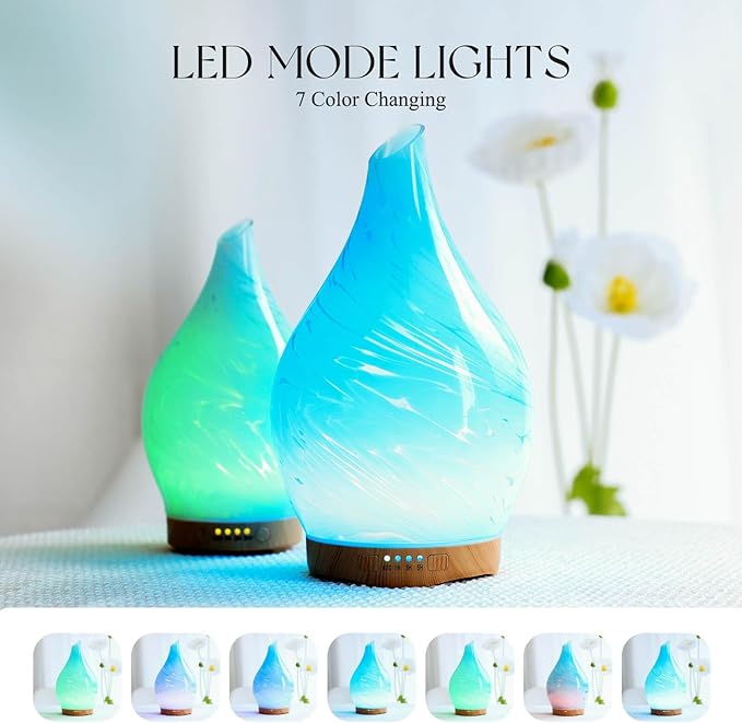 Porseme 280ml Essential Oil Diffuser Glass Color Changing Aroma Air Diffusers Aromatherapy Ultrasonic Cool Mist Humidifier 7 Running Hours Waterless Auto-off for Sleeping, Yoga, Office, Spa(Blue Wave) - Bloomnest