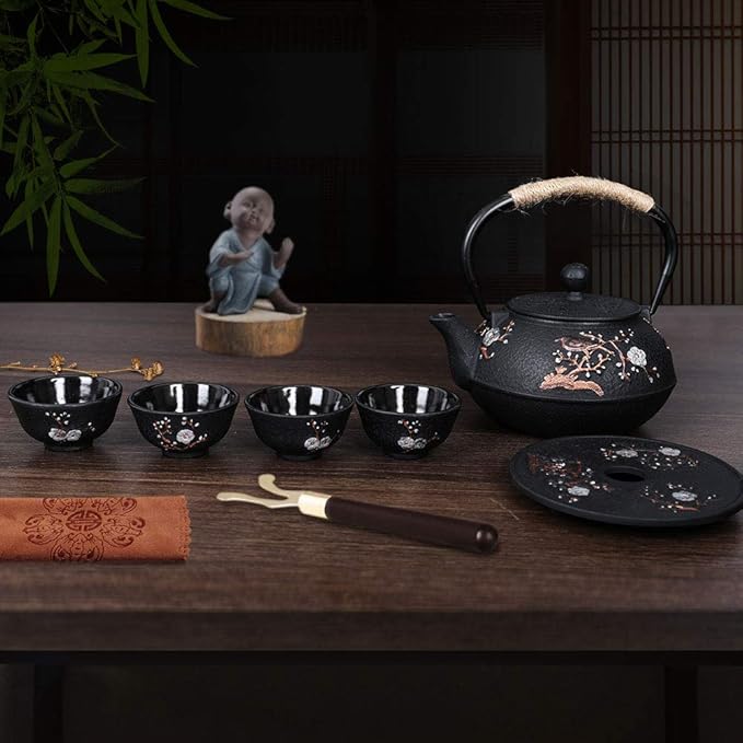 Cast Iron Teapot with Tea Cups Trivet Japanese Style Tetsubin Tea Kettle with Infuser Iron Tea Set Gift for Adult Father Mother Family (Black,Magpie on the Plum Design) - Bloomnest