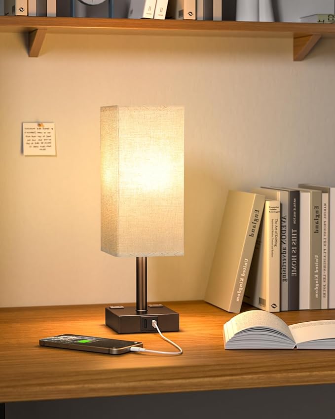 Brown Touch Table Lamp - Bedside Lamp with USB A + Type C Charging Ports and Two AC Outlets, Small Night Stand with E26 LED Bulb, Desk Light for Bedroom Living Room Office Dorm - Bloomnest
