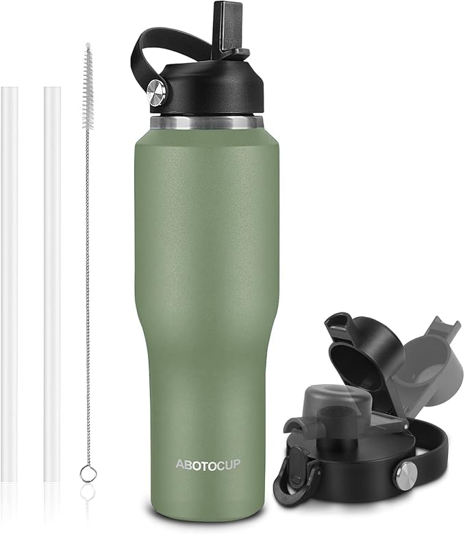 Insulated Water Bottle 32oz with Straw/Spout Lids, Stainless Steel Water Bottles Keep Cold 24h&Hot 12h, Metal Water Bottle with Straw that Fits in Cup Holder, Water Bottle Leak-proof,BPA Free - Bloomnest