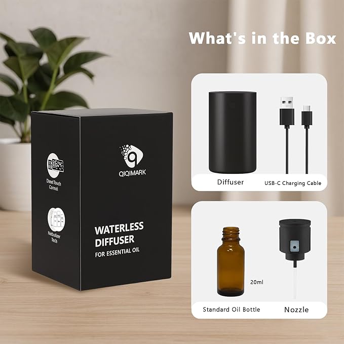 Waterless Diffuser for Essential Oil Rechargeable Scent Diffuser Machine, 0.7 Fl.Oz. 20mL Capacity, 4 Countdown Timers & 4 Mist Levels for Home, Room, Car, Office, Christmas Decorations Indoor, Black - Bloomnest
