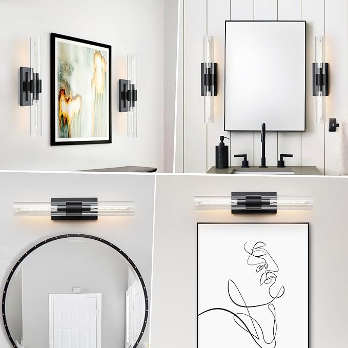 2-Light Matte Black Bathroom Light Fixtures with Glass Shades,Modern Wall Sconce for Bedroom Bath Mirror Lights. - Bloomnest
