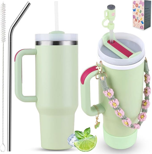 40 oz Tumbler Insulated Mug w/Straw & Flip Cap Lids - Cup Holder Bottle with 6 Accessories Set for Hot, Cold Drink - Leak-Proof - Water, Coffee Portable Travel Mug (Apple Green) - Bloomnest