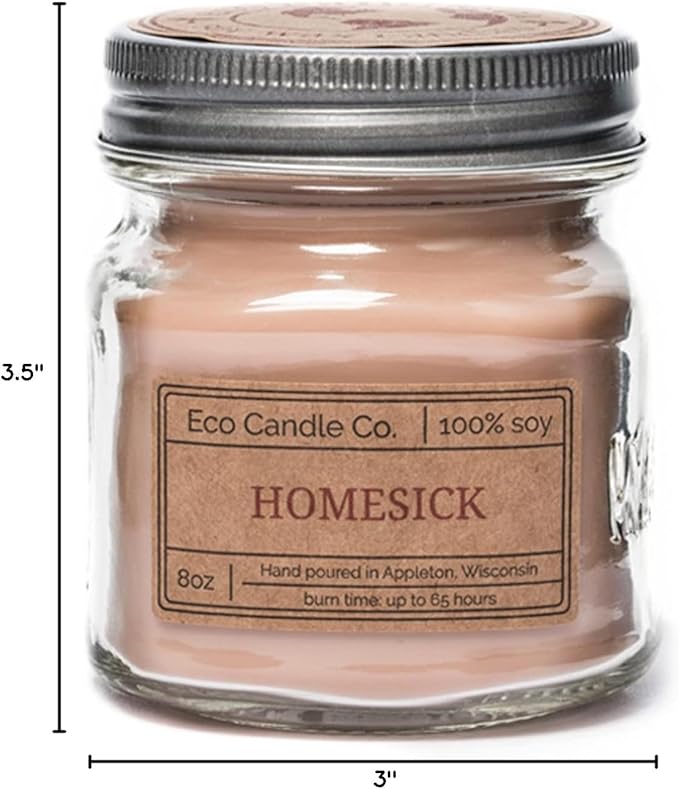 ECO CANDLE CO. Mason Jar Candle, Homesick, 8 oz. - Scents of Apples, Sugar, Butter, & Spices - 100% Soy Wax, No Lead, Kraft Label & Antiqued Pewter Lid, Hand Poured, Made from Midwest Grown Soybeans - Bloomnest