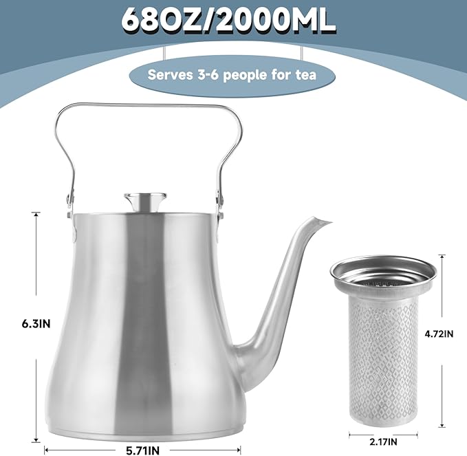 68OZ/2000ML Stainless Steel Teapot with Removable Infuser for Loose Leaf & Tea Bags, Stovetop Safe Tea Maker Water Kettle for Home Kitchen Hotel Restaurant Outdoor, Silver