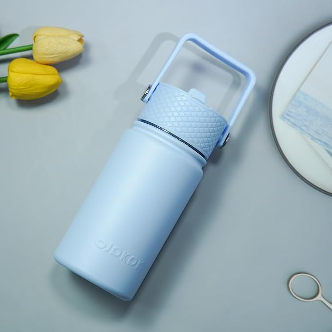 BJPKPK Insulated Water Bottle with Straw Lid, 15oz Cute Water Bottles, Stainless Steel Metal Thermo, Reusable BPA Free Leak Proof Tumblers, Cups,Light Blue - Bloomnest