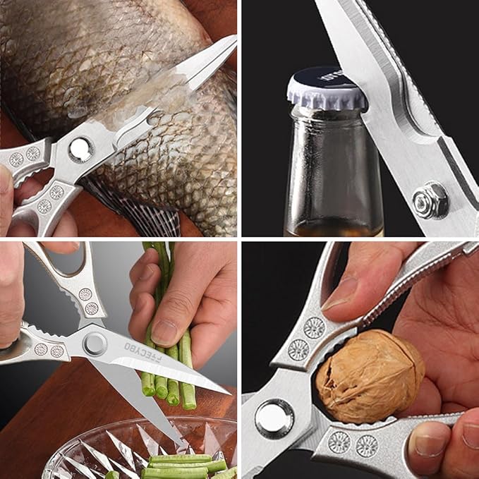All Purpose Heavy Duty Shears, 2-Pack Kitchen Scissors for Food, Metal Handle Stainless Steel Cooking Scissors for Kitchen, Chicken, Fish, Meat, Poultry, Herbs (Silver) - Bloomnest