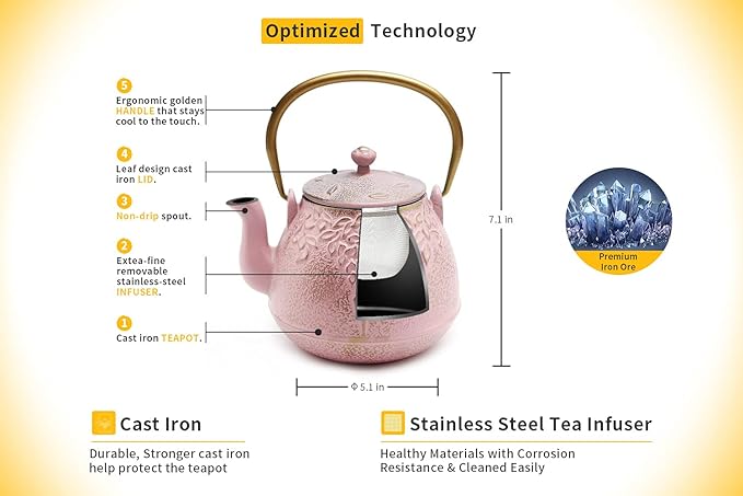 TOPTIER Japanese Cast Iron Teapot with Infuser, Stovetop Safe, Leaf Design Tea Kettle, Enameled Interior, 32 Ounce (950 ml), Blush Pink - Bloomnest
