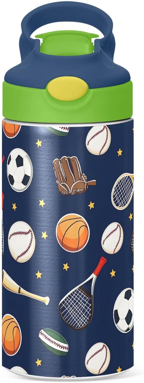 Soccer Basketball Tennis Kids Water Bottle with Straw Lid Insulated Tumbler with Handle Stainless Steel Reusable Toddlers Cup for Kids Boys 12 oz - Bloomnest