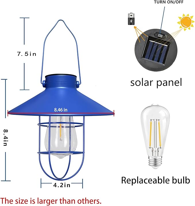 pearlstar Solar Lantern Outdoor Hanging Light Metal Farmhouse Solar Lamp with Warm White Edison Bulb Design for Garden Yard Patio Proch Decor(Blue) - Bloomnest