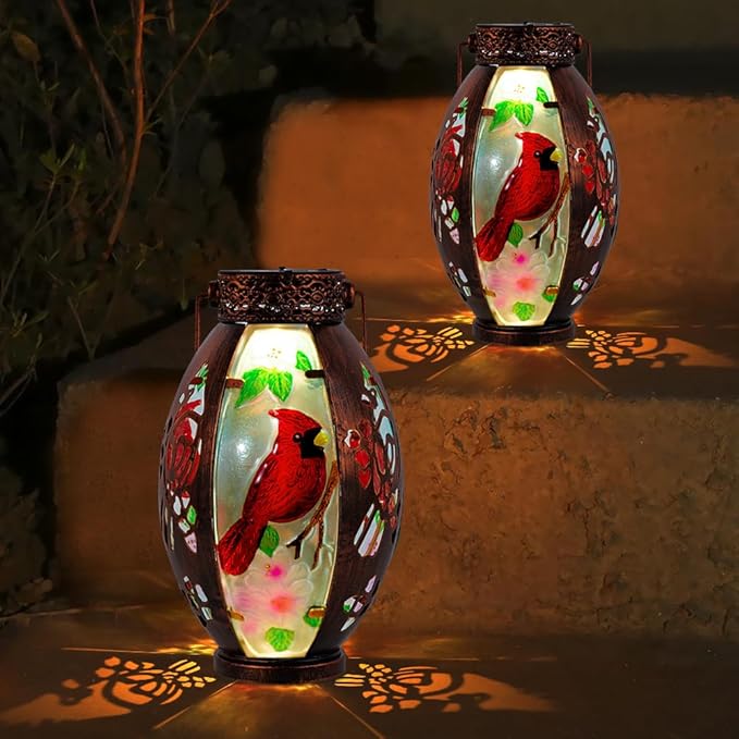 Starsoul 2 PC Cardinal Outdoor Solar Lantern Cardinal Solar Light Waterproof Tabletop Lamp with Hollowed-Out Design for Yard Patio Garden Pathway - Bloomnest