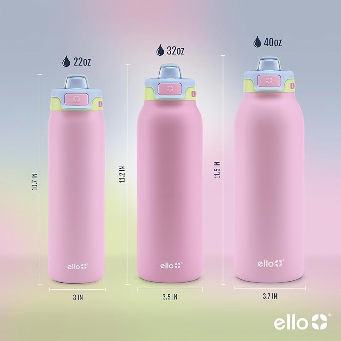 Ello Pop & Fill Insulated Stainless Steel Water Bottle with Quick Fill Lid, Leakproof Locking, Sip or Chug Spout, BPA-Free, Double Wall Vacuum Insulated for Sports, Travel & School- 22oz / 32oz / 40oz Ello