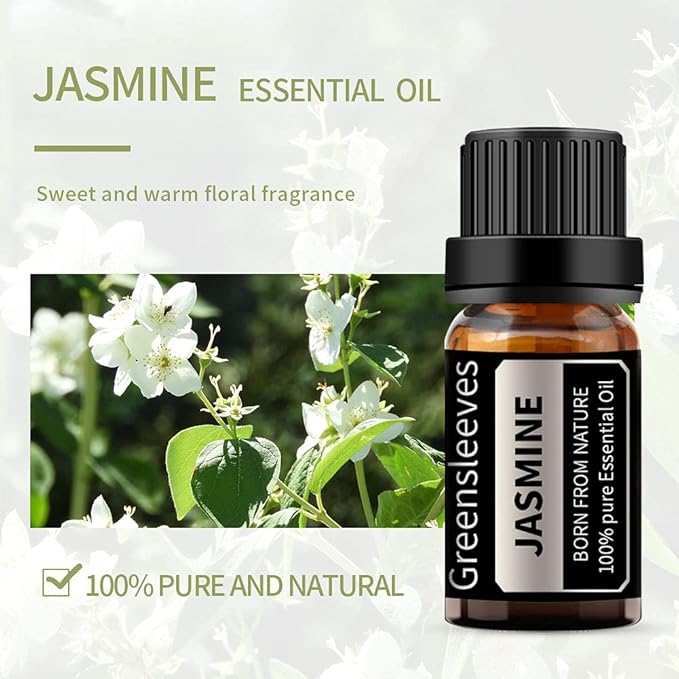 GREENSLEEVES Rose Jasmine Essential Oil Set, 2 x 10ml Pure Plant-Based Fragrance Oil for Aromatherapy, Essential Oils for Diffuser, Massage, Bath Bomb, Scented Candle Soap Making GREENSLEEVES