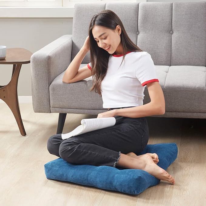 Degrees of Comfort Meditation Floor Pillow Set of 2, Square Large Pillows Seating for Adults, Tufted Corduroy Cushions for Living Room Tatami, Memory Foam Added, Navy Blue, 22x22 Inch