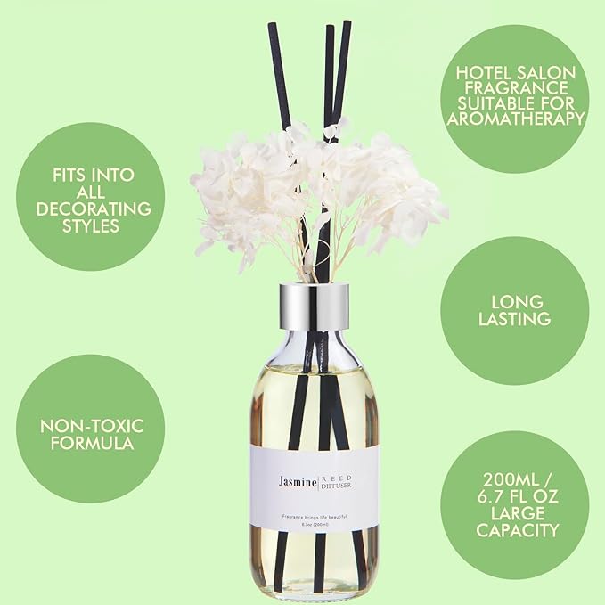 Clesh Reed Diffuser Set, 6.7 oz Jasmine Scented Diffuser with Sticks, Home Fragrance Reed Diffuser for Bathroom Shelf Decor - Bloomnest
