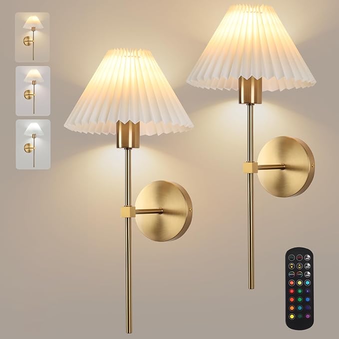 Wireless Wall Sconce Sets of 2, Pleated Shades Rechargeable Battery Operated Wall Sconce, Retro Industrial Gold Wall Lights Bathroom Vanity Sconces, Wall Mounted Lamps for Bedroom Living Room Kitchen - Bloomnest