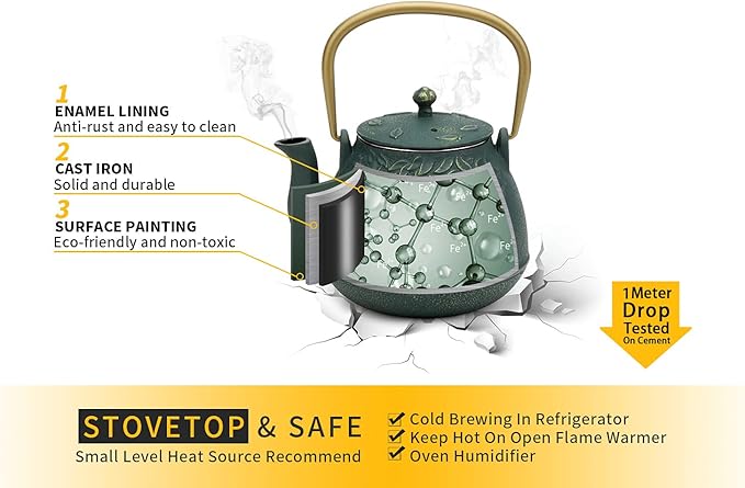 Tea Kettle, TOPTIER Japanese Cast Iron Teapot with Infuser, Leaf Design Cast Iron Tea Pot Stovetop Safe Coated with Enameled Interior for 40 Ounce (1200 ml), Dark Green - Bloomnest