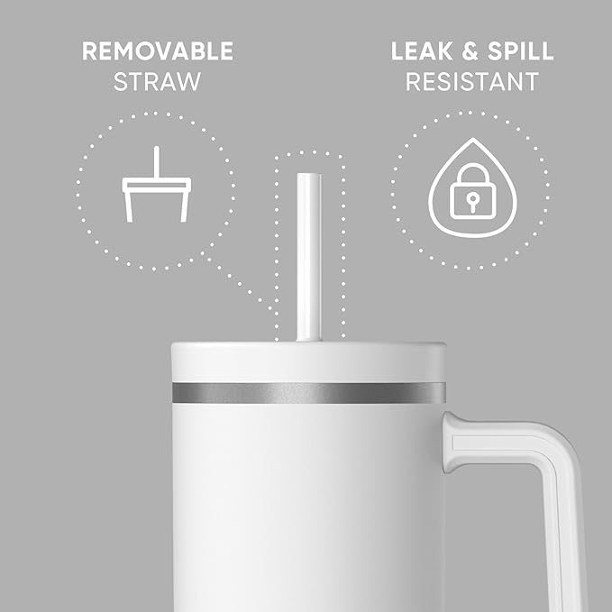 Hydrapeak Voyager 40 Oz Stainless Steel Tumbler with Handle, Insulated Water Bottle With Straw & Lid, Cupholder Friendly Reusable Travel Mug (White) - Bloomnest