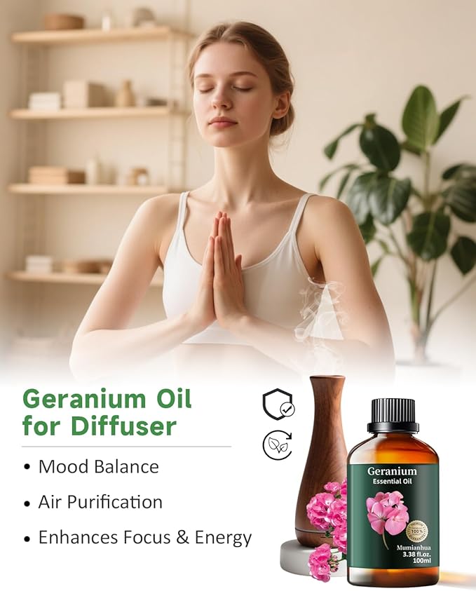 Pure Geranium Essential Oil, Mumianhua Natural Rose Geranium Oil for Reed Diffuser, Air Freshener, Massages,Relaxation, Garden Freshness, Outdoor Ambiance, Skin, Hair, Soap, Candles Making 3.38 Fl oz - Bloomnest