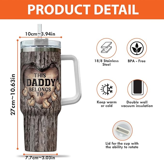 This Daddy Belongs To Personalized Tumbler with Handle, Custom Names Carved Wood Heart 20oz 30oz Stainless Steel Insulated Travel Mug Gift for Dad - Bloomnest