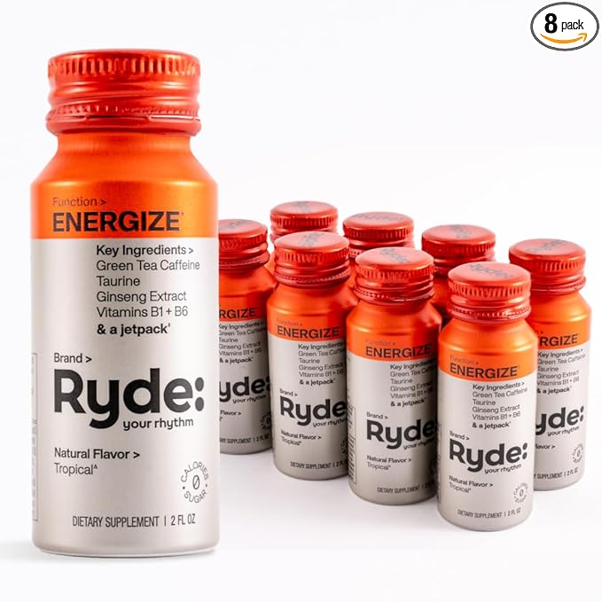 Ryde: Energize Shot | Tropical Flavor | Green Tea Caffeine, Taurine, Ginseng Extract & B Vitamins | 0 Calories, 0 Sugar | 2 FL OZ Shots | Boosts energy* (8 Pack) - Bloomnest