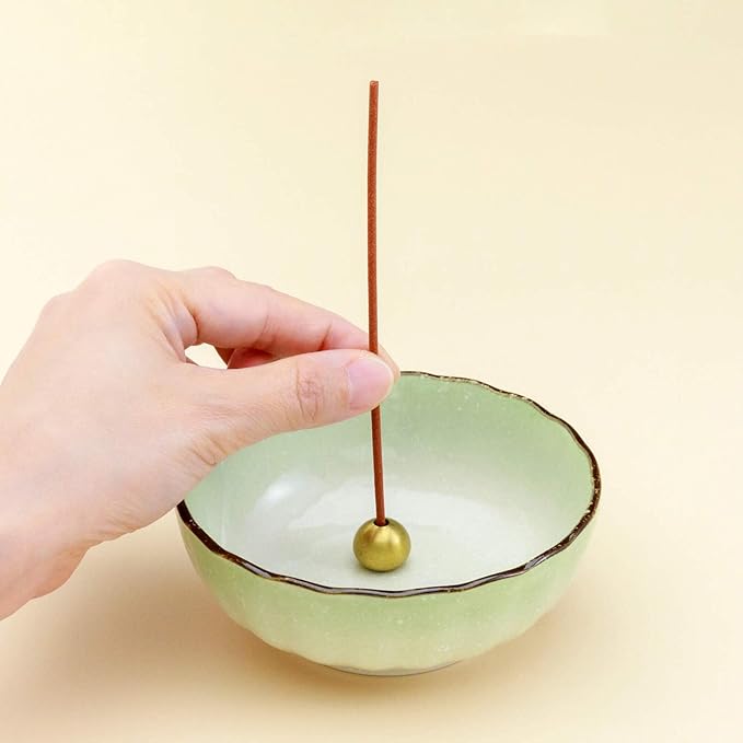 Asayu Japanese Lotus Incense Holder for Sticks 4.1 inch (105mm), Traditional Made in Japan Ceramic Ash Catcher and Brass Incense Burner Set - Light Green - Bloomnest