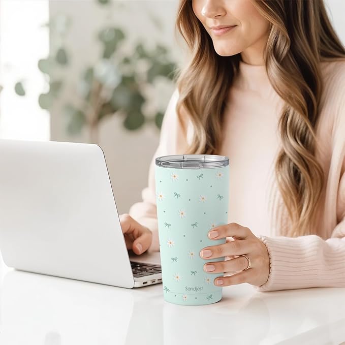 SANDJEST Daisy Tumbler 20oz, Stainless Steel Travel Cup with Lid, Floral Insulated Coffee Mug, Daisy Gifts for Women Girls Friends Sisters on Birthday Christmas - Bloomnest