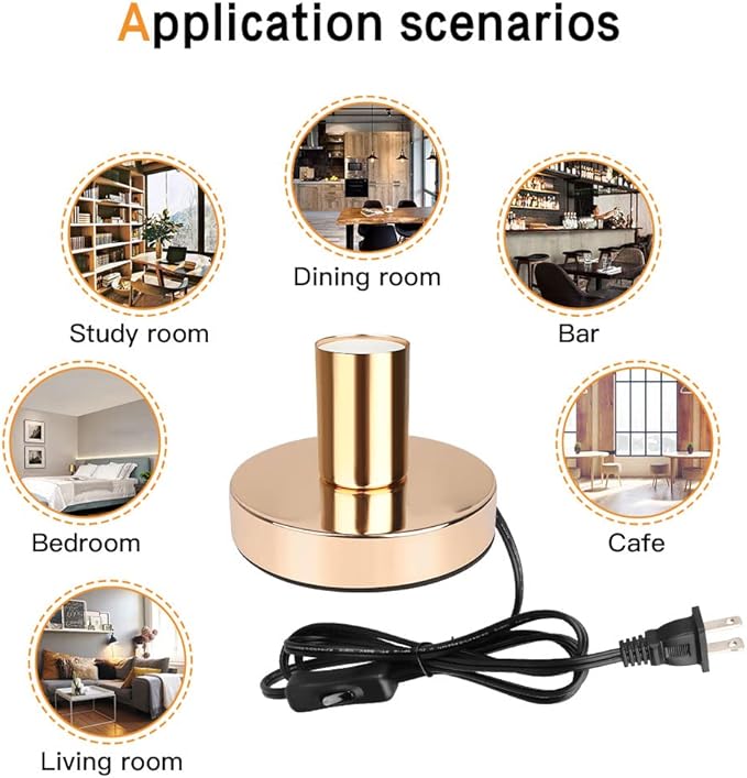 Helunsi Industrial Table Lamp, Gold E26 E27 Base Without Shade, Mini Short Desk Lamp Exposed Bulb, Simple Metal Edison Light Bulb Stand, 5.8ft Cord Switch Plug Holder - Bloomnest