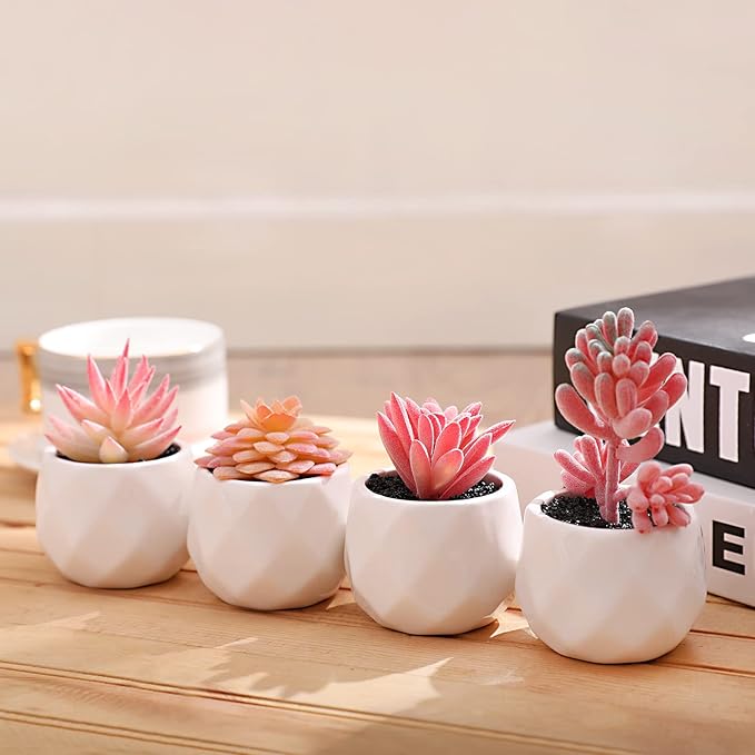 Tiita Artificial Faux Succulents in Pots, Pink Fake Plants Ceramic Arrangement Planter for Women Desk Small Mini Tiny Decoration for Home Office Desk Window 4 Set, Pink - Bloomnest