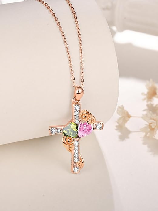 Rose Gold Dual Birthstones Cross Necklace for Women Rose Flower Jewelry Anniversary Christmas Mother's Valentine's Day Birthday Gift for Wife Girlfriend Mom - Bloomnest