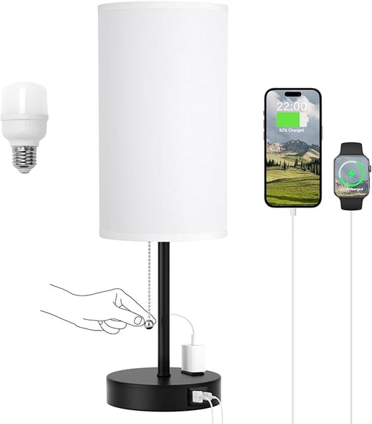 17.4Inches White Bedside Lamp for Bedroom Nightstand - Tall Lamp with USB A + C Charging Port & AC Outlet, 3 Color Temperatures Pull Chain, Side Desk Reading Light for Living Room - Bloomnest