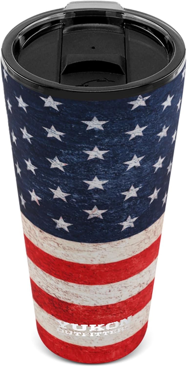 Yukon Outfitters 32oz Double Pint Double Wall Vacuum Insulated Stainless Steel Tumbler with Three Flow Lid | For Hot or Cold Beverage | Fits Most Cup Holders, USA Flag