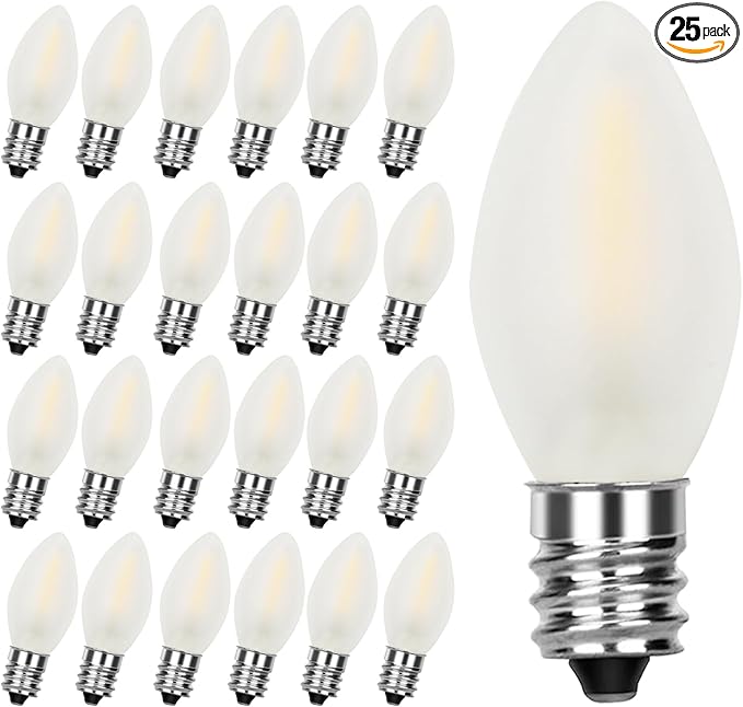 25 Pack C7 Frosted White Replacement Bulbs, Christmas Frosted White LED Light Bulbs Vintage Light Bulbs for Christmas Indoor Outdoor String Lights, E12/C7 Candelabra Base, 0.6 Watt - Bloomnest