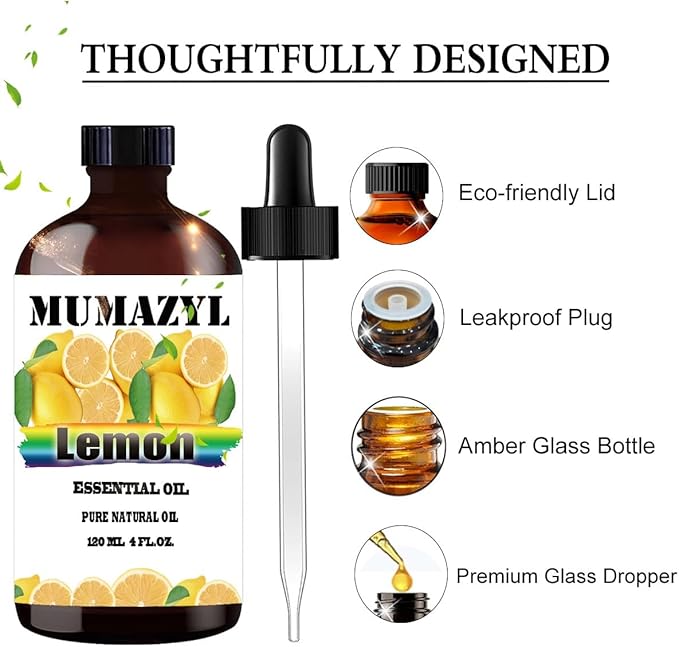 Lemon Essential Oil, Lemon Oil 4 Fl Oz 120ML for Diffuser Humidifier Yoga Cleaning DIY Candle Soap Making MUMAZYL Essential Oils MUMAZYLESSENTIALOIL