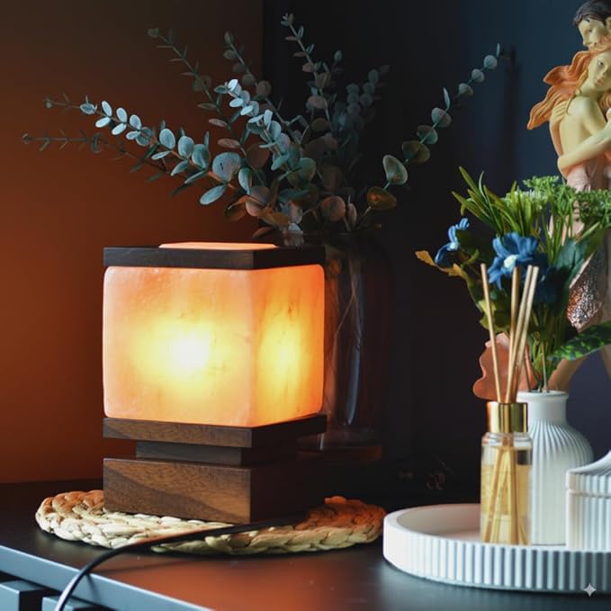 POHS 100% Authentic Cube Shape Himalayan Pink Salt Lamp with Brown Wooden Base, Dimmer Switch Cord and Two Bulbs, Night Light for Home and Office Table and Desk, Gift and Decor