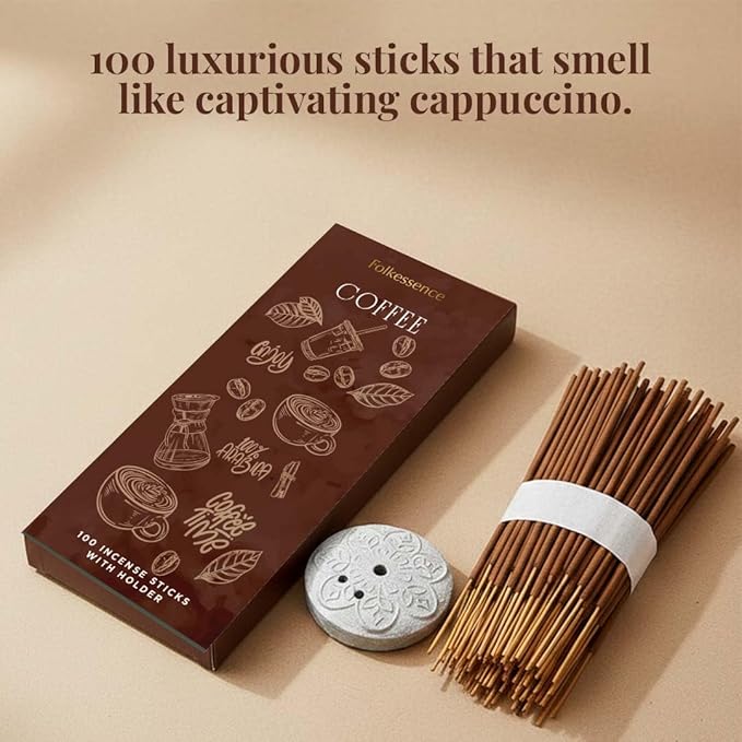 Folkulture Incense Sticks with Holder (100 Sticks)| Premium Coffee Incents Stick for Focus, Energy, Relaxation Gifts for Women | No Charcoal,Organic,Non Toxic, 45 Mins, Long Burning Insence-Sticks FOLKULTURE