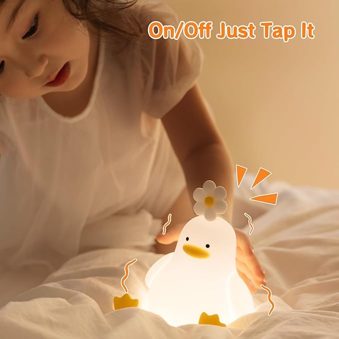 Cute Duck Night Light for Baby, Kids, Toddler, Ambient Nursery Nightlight, Soothing Lamp 3 Level Dimmable, Sleeping Accompanion for Bedroom Bedside, Rechargeable Battery, 30 Min Timer Off - Bloomnest