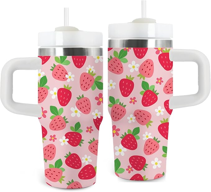 Strawberry Gifts for Girls - 14oz Pink Kids Strawberry Tumbler with Handle and Straw, Stainless Steel Insulated Water Cup, for School, Travel - Strawberries Themed Children Birthday Gift Cup(1pc) - Bloomnest