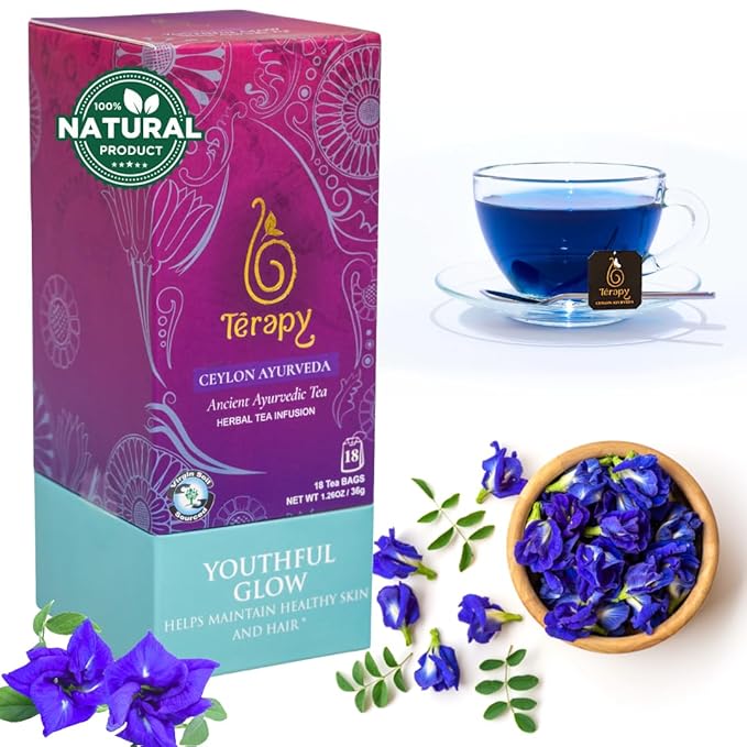 Térapy Ceylon Youthful Glow Herbal Tea Bags | Helps Maintain Healthy Skin and Hair | 100% Natural Blue Butterfly Peas, Licorice Root, Green Tea & More | Individually Wrapped Organic Tea Bags |18 Count - Bloomnest