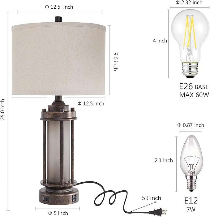 Set of 2 Farmhouse Lamps for Living Room, Rustic Vintage Bedroom Nightstand Table Lamp with 2 USB Charging Ports, Built-In Frosted Glass Night Light for End Table Entryway, 4 Bulbs Included (Bronze) - Bloomnest