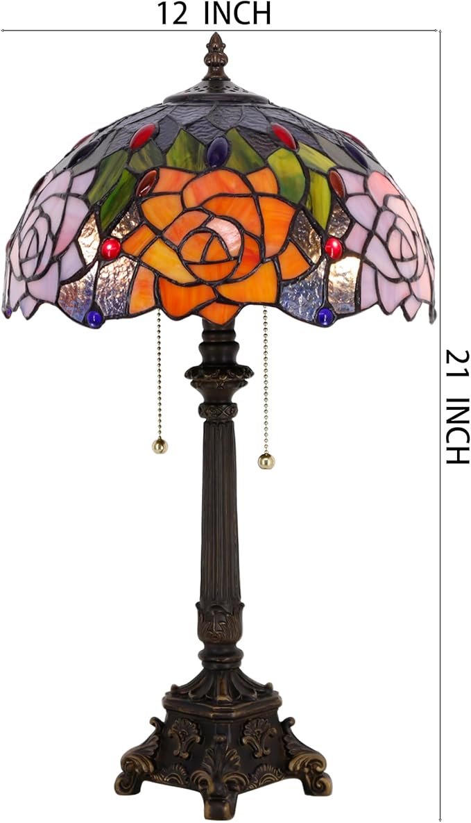 Tiffany Lamp Orange Rose Flower Style Stained Glass Table Lamp Desk Reading Light 12X12X21 Inches with Resin Base Decor Bedroom Living Room - Bloomnest