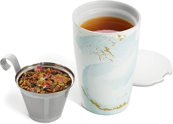Tea Forte Double-Walled Ceramic Kati Cup, Removable Stainless Steel Infuser Basket and Lid, Steeps 12 oz Loose Leaf Tea, Dishwasher & Microwave Safe, Wellbeing - Bloomnest