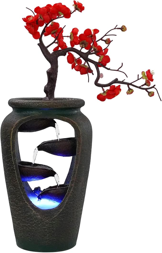 Decorative Indoor Tabletop Fountain, 15.7in Tabletop Wateall Vase Fountains with Simulation Tree Flowers for Living Room, Bedroom, Dining Room (Plum Blossom -B) - Bloomnest